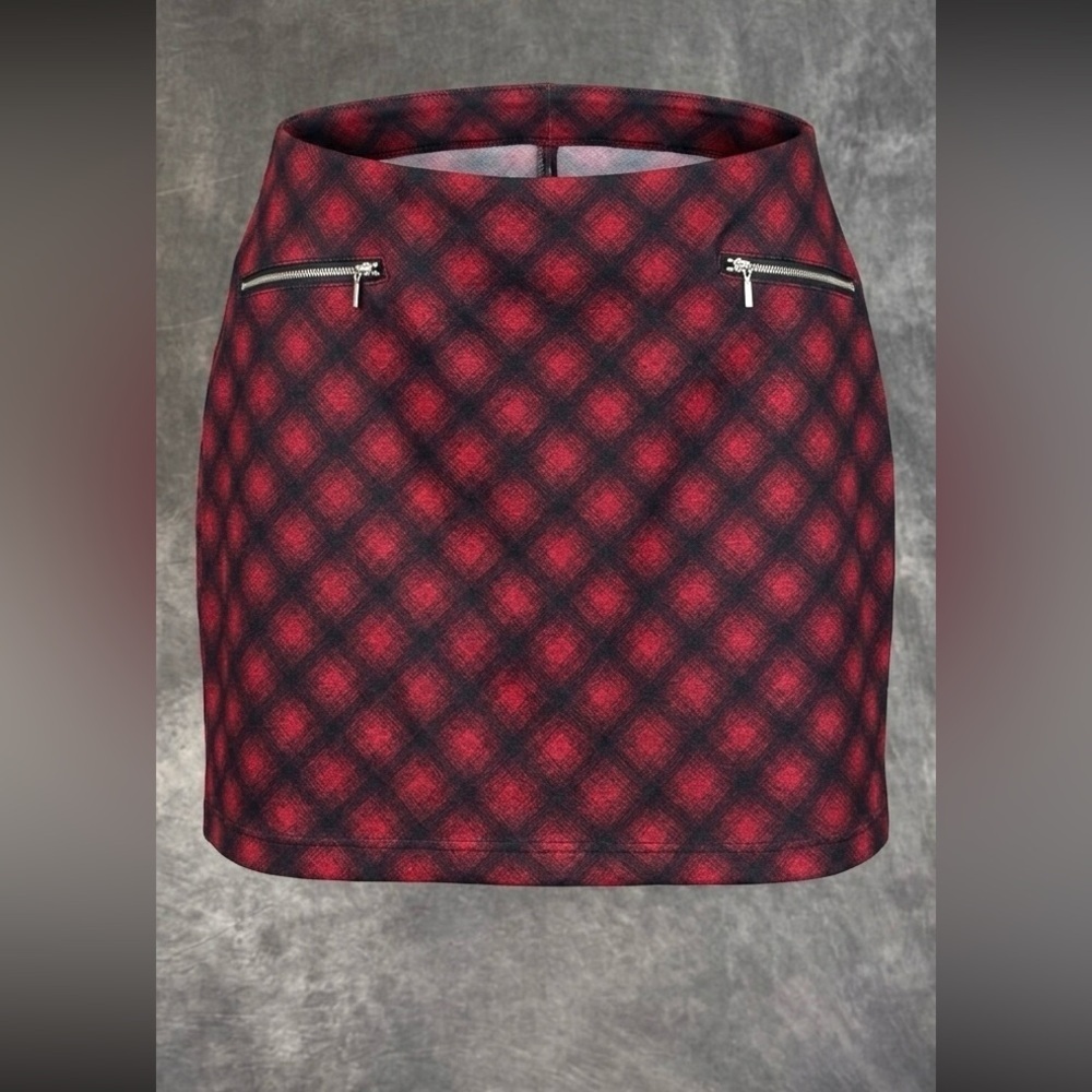 Maurices 20W Red Black Plaid Mini Skirt | Zip Pocket Stretch Plus Size